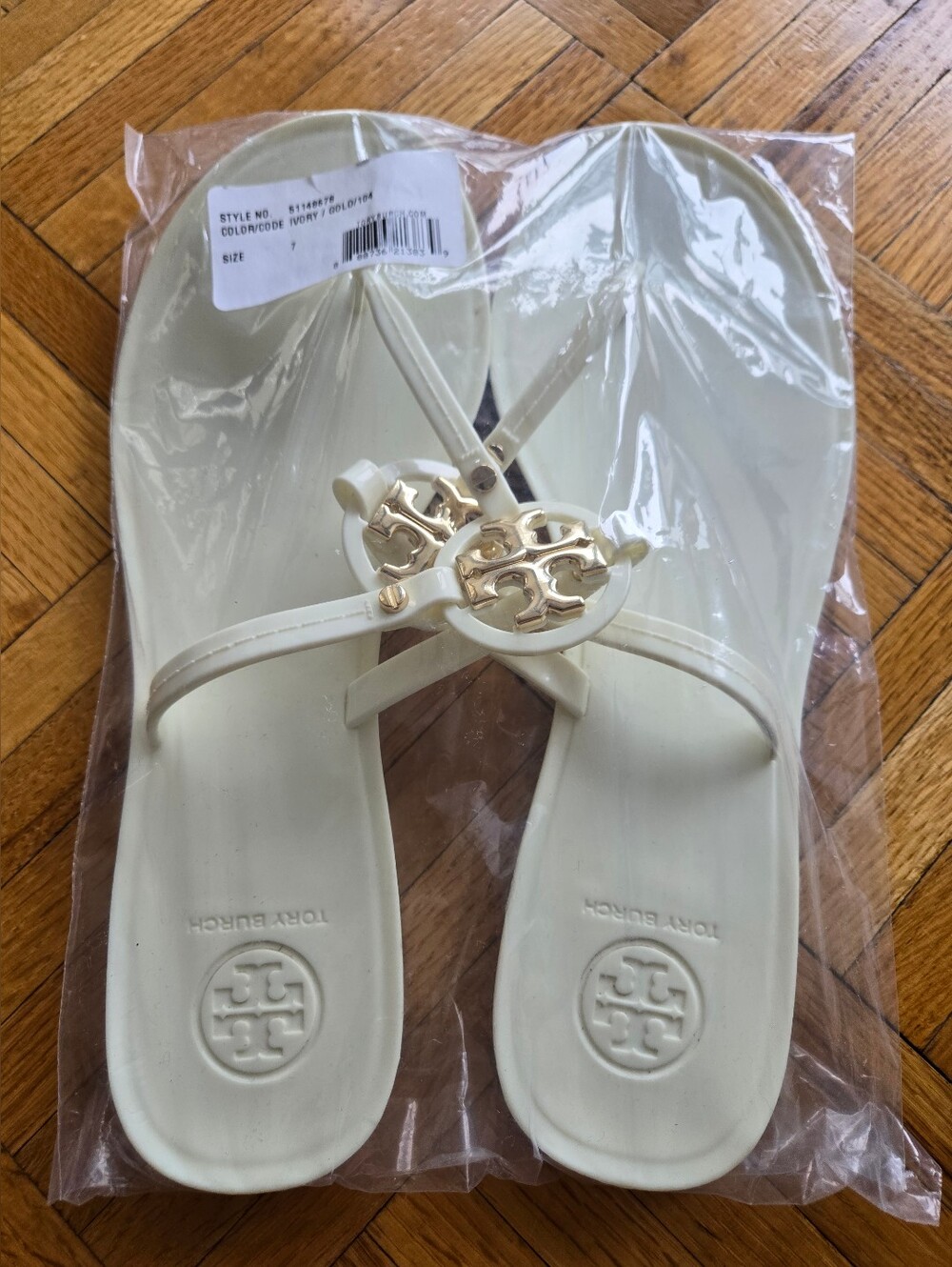 Lightly Worn Tory Burch Ivory Logo Jelly Thong Sandals